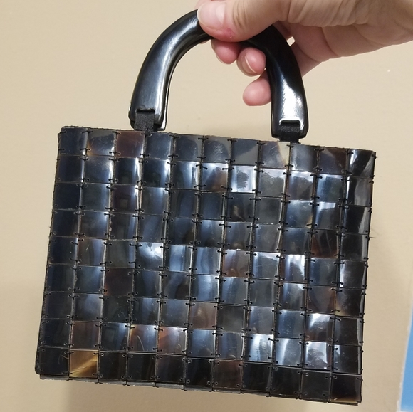 tile bead & satin evening bag w/resin handles - Picture 2 of 5